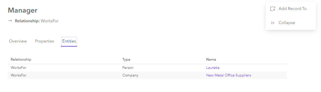 Content for a selected relationship on the Entities tab in the knowledge graph view